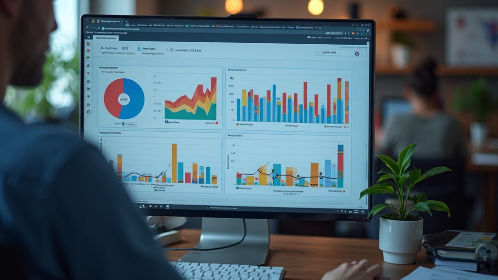 Analytics-Dashboard auf Computer-Monitor mit farbigen Diagrammen zeigt Conversion-Raten und Besucherverhalten