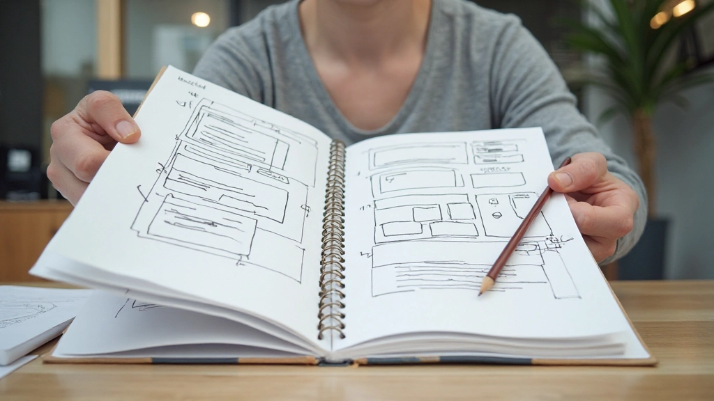 Skizzenbuch zeigt eine gezeichnete Wireframe-Struktur einer Landing Page mit beschrifteten Bereichen für Überschrift, Bild und Button