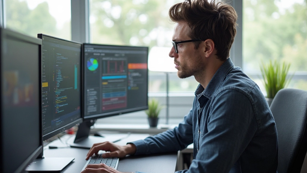 Designer arbeitet an Button-Designs auf mehreren Monitoren in modernem Büro