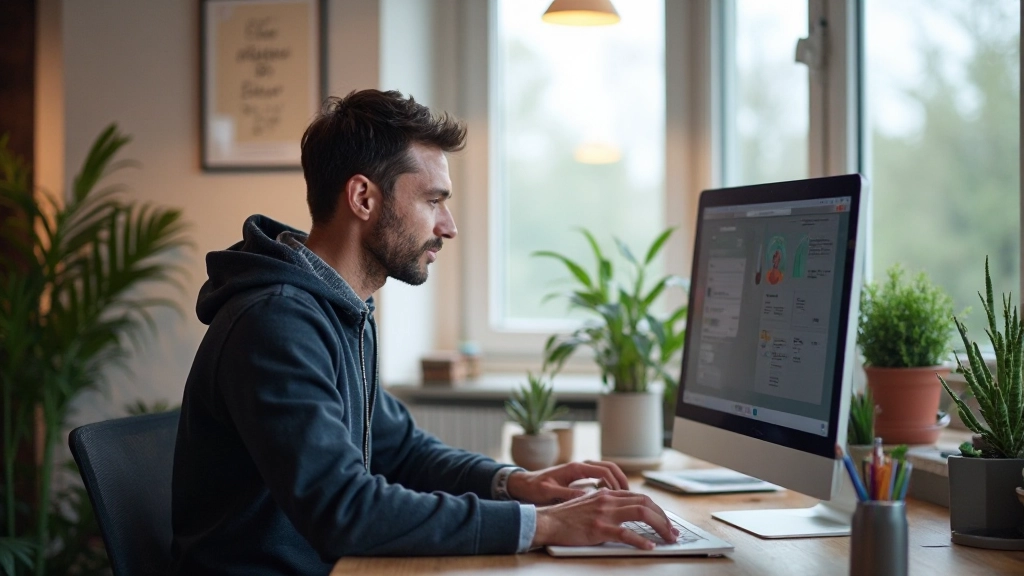 Designer arbeitet an einem Computer und erstellt ein visuelles Layout für eine neue Landing Page mit Designwerkzeugen