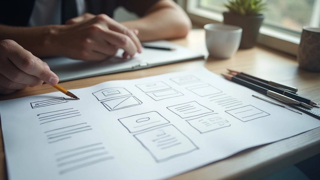 Skizzen und Wireframes für eine Landing Page auf Papier mit Stift und Lineal