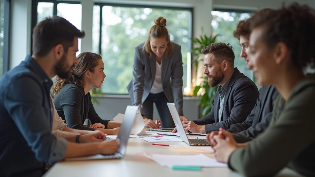 Gruppe von Personen sitzt um einen Tisch und diskutiert Strategien für Landing Page Optimization mit Notizen und Diagrammen