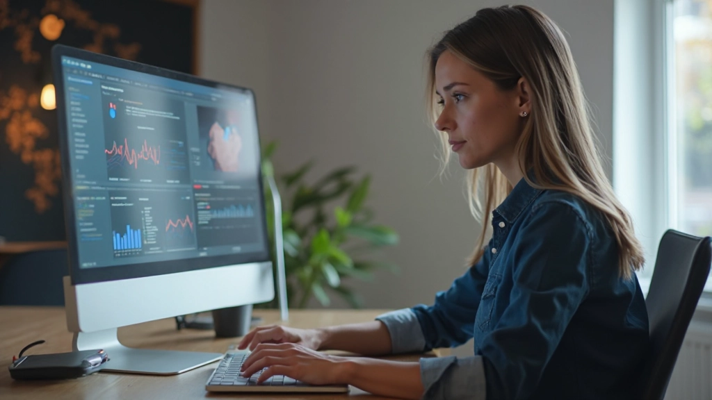 Frau sitzt am Schreibtisch und analysiert A/B-Test Ergebnisse auf dem Bildschirm ihres Computers
